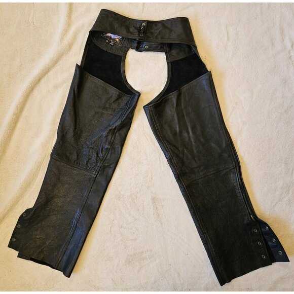 Joe Rocket Mens Black Leather Chaps Medium Open Back Pant 28"-32" Waist - Picture 6 of 13